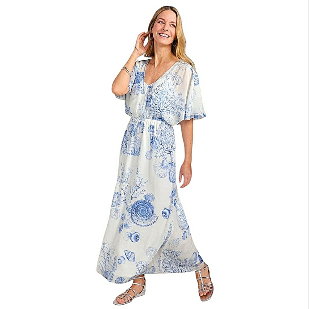 NWOT Soft Surroundings Captiva Shell Maxi Dress Blue White Coastal Beach Vacay